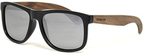Sonnenbrille Herren und Damen Holz | Premium polarisiert Walnussholzbügel mit Schwärzer Acetatrahmen | Geschwärzte Holzbrille UV400 Gläser | Damen & Herren Sonnenbrille UV Schutz | (silber)