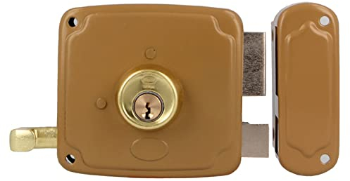 Amig - Cerradura de Sobreponer de Derecha con Palanca de Cierre, Lengüeta y Tirador - Acero Dorado - Medida: 85 x 95 mm - Ideal para Puertas de Madera de Entrada o de Paso
