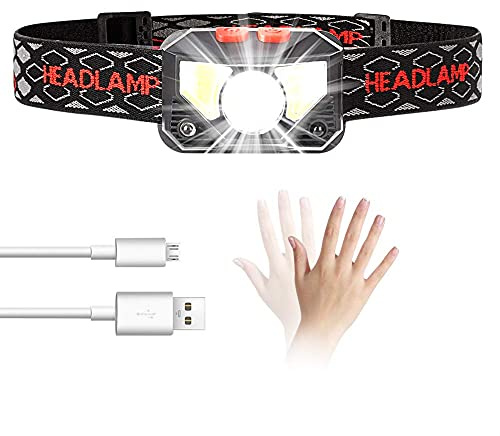 LED stirnlampe, Wiederaufladbare Stirnlampe 8 LED-Modi mit Bewegungsmelder Batterieanzeige 6000 K 350 lm wasserdicht Stirnlicht für Camping Wandern Angeln Rennen (Rot)