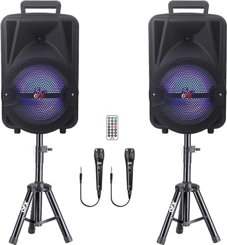 QFX PBX-800TWS Dual 8 Powered PA Speaker System | 2 Rechargeable Bluetooth Party Speakers, 2 Tripod Stands, 2 Wired Mics, Remote | TWS Stereo Pairing, RGB Lights, FM/USB/TF/AUX