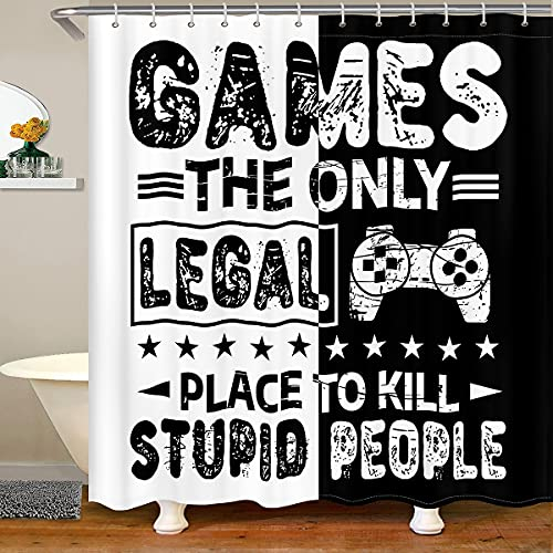 Kinder Gaming Badezimmer Sets Gamer Duschvorhang Marmor Gamepad Badvorhang Für Jungen Videospiele Neuheit Aktionsknöpfe Stoff Duschvorhang Wasserdicht 180x200 (BxL) Gamer Room Decor Schwarz Weiß