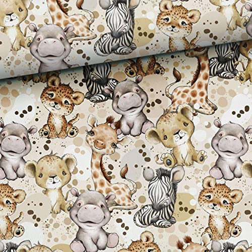 Keine Meterware, Stoffe zum Nähen, Stoff für Kinder, 100% Baumwolle: 1m Jungen Premium Baumwollstoff mit Wildtiere - Löwe Gepard Giraffe Flusspferd Zebra - Kinderstoff mit Wildtiere - Steppenliebe