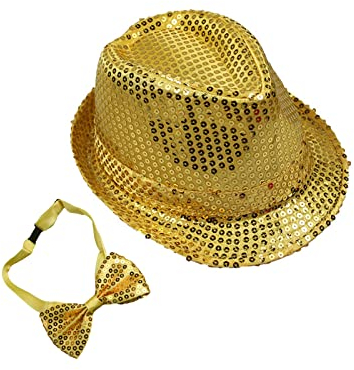 Generic ZARSIO Fedora Hut mit Pailletten und Krawatte Accessoire für Retro-Diskothek-Kostüm für Hochzeiten, Partys, oro, 56