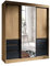 Schwebetürenschrank Megajra mit 6 Schubladen und Spiegel, Kleiderschrank, Schiebetürenschrank mit 2 Kleidestangen, Garderobe, Schlafzimmer (Breite: 180 cm, Eiche Lefkas/Schwarz)