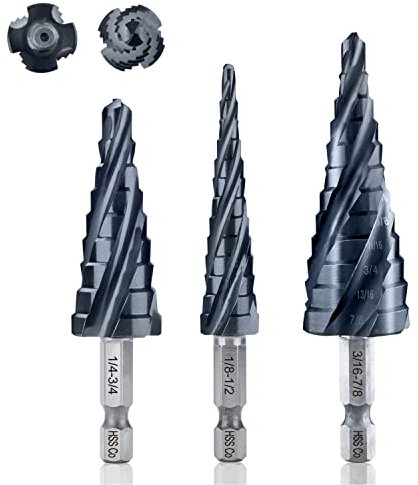 AugTouf Four Spiral Flute Cobalt Step Drill Bit Set(Pro Max), 1/8-7/8(3pcs) Impact Ready Four-Flute Step Bit, 1/4 Hex Shank Unibit Step Bit for Metal, Stainless Steel, Aluminum, Wood, Plastic