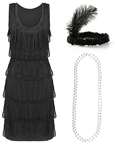 Flapper-Kostüm für Damen, schwarz, 1920er Jahre, Flapper-Kleid mit Fransen vorne und hinten + passendem Kopfstück mit Pailletten-Kopfstück – Charleston-Verkleidung der 1920er Jahre
