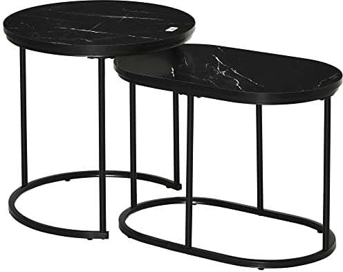 HOMCOM Lot de 2 Tables Basses Tables d'appoint gigognes en Acier et Plateau MDF Aspect marbre - Table Ronde et Ovale - Noir