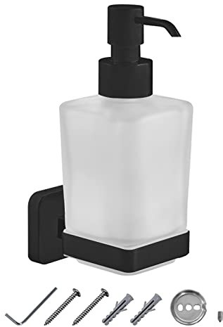 JASSFERRY Black Wall Mounted Soap Dispenser and Square Holder Frosted Glass Lotion Dispenser Set