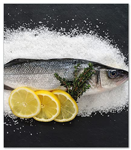 Wallario Herdabdeckplatte/Spritzschutz aus Glas, 52 x 60 cm, 1-teilig mit 8 mm hohen Füßen, für Ceran- und Induktionsherde, Fischmenü - Frischer Fisch auf Salz mit Zitronen