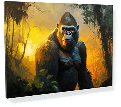 Sense Canvas Gorilla Realistischer Dschungel Sonnenuntergang 15 Leinwandkunst – Heimdekoration Wandkunstdruck Poster Gemälde X-Large 48 x 36 / 1,9 cm