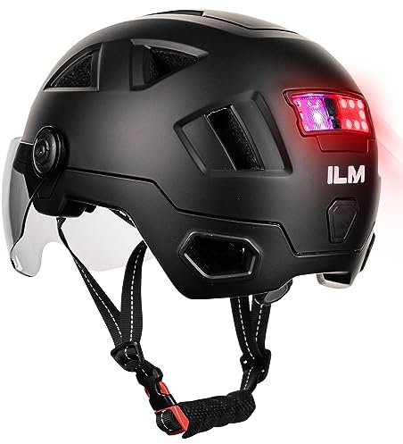 ILM Smart Fahrradhelm Damen Herren mit Visier Warnung Bremse LED Lichtsensor Lichtfunktion Kopfneigen Blinken Auszulösen Modell E3-12LS,Mattes Schwarz,S/M