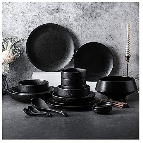 Juego de platos de comedor Juegos de cena de cerámica 46 piezas Juego de plato de carne y tazón de cereales con esmalte negro | Juego de vajilla de porcelana para reuniones familiares y rest