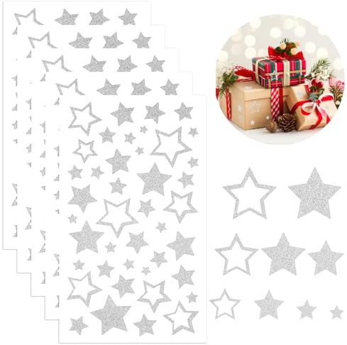 Sterne Sticker, 210 Stück, Glitzer Stern Aufkleber Selbstklebend zum Basteln, Sterne zum Aufkleben, für DIY Weihnachten Weihnachtskarten Deko Geschenk Handwerk (Silver)