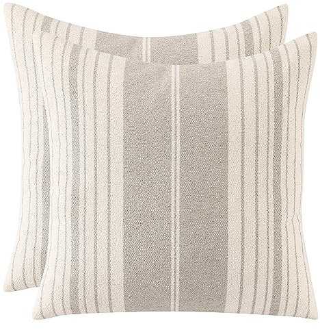 Tosleo 2er Set Boho Streifen Kissenbezug Weiche Baumwolle Leinen Kissenhülle 45x45 cm für Sofa Schlafzimmer Wohnzimmer Auto Dekor Kopfkissenbezug Hellgraue Breite Streifen