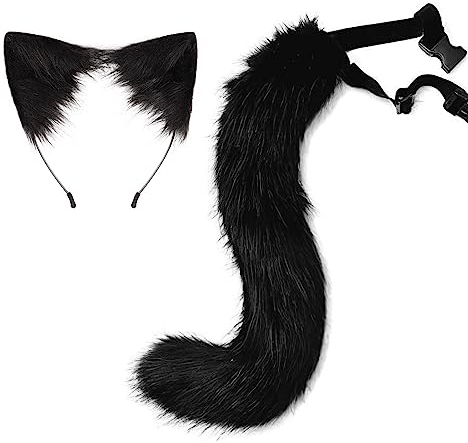 Halloween Kostüme Plüsch Katzenohren katzenschwanz Cosplay Set Kunstfell Katzenohren und Schwanz Fuchsohren Haarreif mit Ohren und Schwanz Halloween Fasching Karneval Masquerade Cosplay,Schwarz