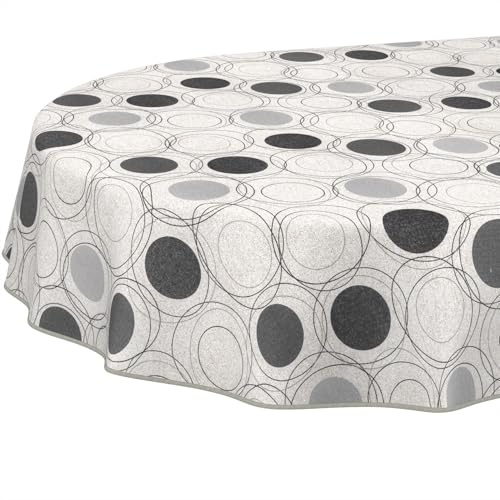 ANRO Tischdecke abwaschbar Kreise Grau mit Saum oval 220x140 cm Tischwäsche | mit Saum eingefasst – schmutz- & wasserabweisend, pflegeleicht – waschbar bei 30 °C – ideal für Garten, Terrasse & Esszimmer