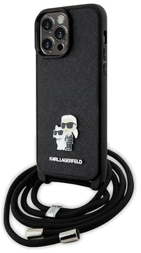 Karl Lagerfeld KLHCP14XSAKCPSK Hülle für iPhone 14 Pro Max 6.7 hardcase Schwarz Crossbody Saffiano Metal Pin Karl & Choupette