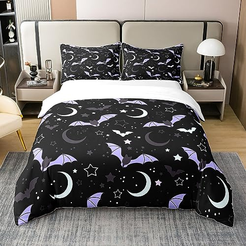 richhome 100% Natur Baumwolle Halloween Fledermaus Bettbezug für Teens Jungen, Cartoon Lila Wlid Vögel Gothic Bettwäsche Set für Raum Dekor, Mystery Galaxy Dark Night All Season Bettwäsche 135x200