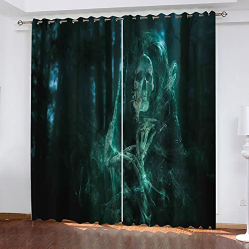 SATUSA Verdunkelungsvorhang Kinderzimmer Junge Mädchen Blickdichter Ösenvorhang 3D Grüner Totenkopf-Aufdruck Muster Ösenschal 2Er Set 200X160Cm Vorhänge Schlafzimmer Thermo Gardinen Fensterdekoration