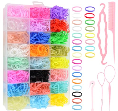 2000 Pcs Elastic Hair Bands with Organizer Box, XIACIBDUS 24 Colors Rubber Bands for Hair, Soft Mini Hair Ties with Topsy Tail Hair Tool, Hair Bands for Women Girls Toddler