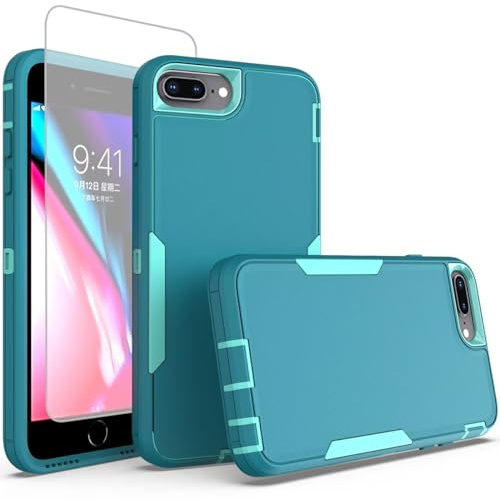 Sidande Handyhülle für iPhone 7 Plus/iPhone 8 Plus Hülle mit gehärtetem Glas Displayschutz, militärischer Schutzstandard robust zweilagig Schutzhülle für Apple iPhone 7 Plus/8 Plus Türkis Mint