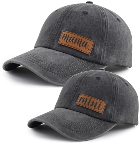 Goyklrb 2 x passende Baseballkappe für Mama und Mädchen, lustig, verstellbar, Lederaufnäher, Eltern-Kind-Mütze, Mama Mini Leder schwarz, Einheitsgröße