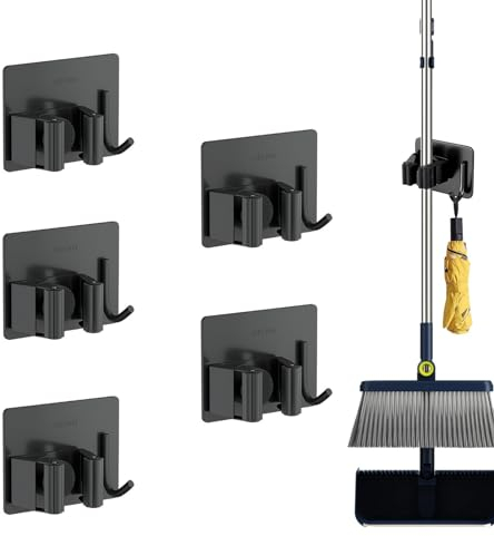 QIODAZOO 5-Piece Wall Mounted Broom & Mop Holder with Hooks, Stainless Steel, Self-Adhesive, Holds Up to 10KG Each