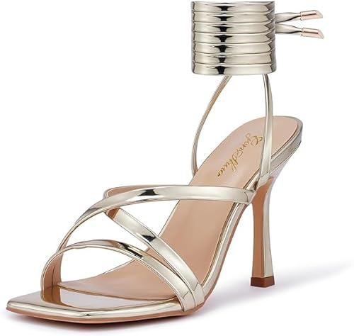 GENSHUO Modische Damen-Römersandalen 10cm Stiletto Heels, Schnürriemen, Metallglanz-Design mit offener Zehenpartie, Goldener Glanz, EU 39