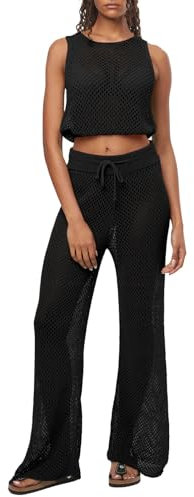 Viottiset Conjunto de 2 piezas para mujer, crochet, sin mangas, crop top ancho, Negro , XL