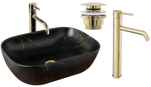 GTM Design Aufsatzwaschbecken Matt Set mit Waschtischbatterie und Stopfen - Aufsatzwaschbecken Oval für Badezimmer - Modern Waschbecken ohne Hahnloch - Waschbecken mit Armature - Modell 3