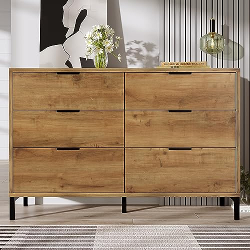 Merax Kommode,Eichenholz Sideboard: Kommode mit 6 Schubladen in Dunkle Eiche - Industrielles Design für alle Wohnräume 120 x 40 x 76 cm
