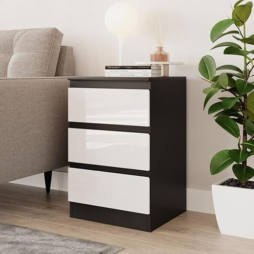 URBNLIVING 62cm High Gloss Bedside Chest of Drawers - 3 Drawer Bedroom Storage Cabinet with Smooth Metal Runner - Modern Dresser Bedside Table for Bedroom Living Room Office Hallway