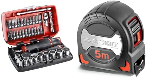 Facom - Coffret à Douille 1/4 6 Pans Métriques et Embouts - Coffret Outils Complet - 38 Pièces & Mètre à Ruban 5 M X 28 mm - Mesure Premium - 897A.528Pb