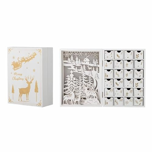 Bloomingville Elimar Advends-Kalender mit Licht in der Farbe weiß aus Sperrholz mit detaillierten Schnitzereien, Maße: 20x29x10cm (L/H/B)