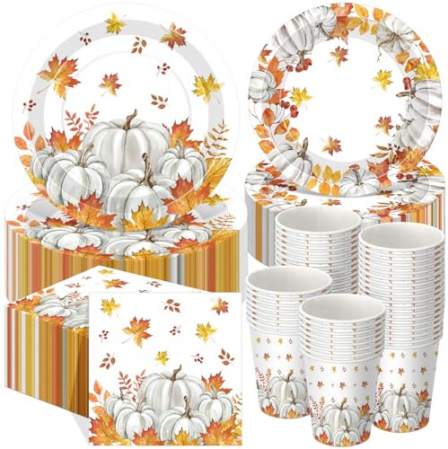 Pickmesh 250 Pcs Fall Thanksgiving Paper Plates Cups and Napkins Party Decoration Pumpkins Maple Leaf Plates Napkins Cups for Fall Thanksgiving Birthday Wedding Party Supplies, 50 Guests