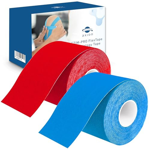 axion Kinesiologie Tape 2er Set 500x5cm | 2 Rollen wasserfeste, hautfreundliche, elastische und selbstklebende Bandage | Physio-Tape optimal für Sport & Alltag (Rot Blau)