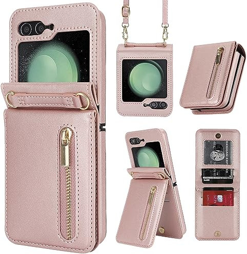 ZHOZEXIN Kompatibel mit Samsung Galaxy Z Flip 5 Stand Stylische Flip Schutztasche aus Leder, Brieftasche mit Reißverschluss, Kartenfach, Geldfach, Handytasche mit Kordel für Galaxy Z Flip 5 (Roségold)