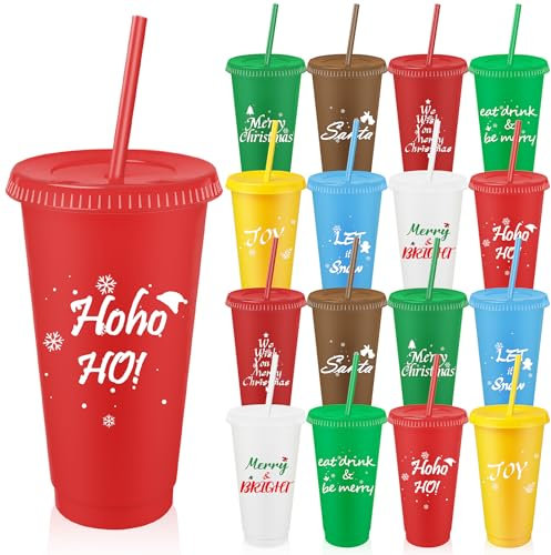 LYCN 16 Pack Plastic Christmas Cups with Lids and Straws, 700ml Christmas Party Cold Cups Bulk, Reusable Colourful Tumbler Cup for Xmas Santa Birthdays Gifts (8 Colors)
