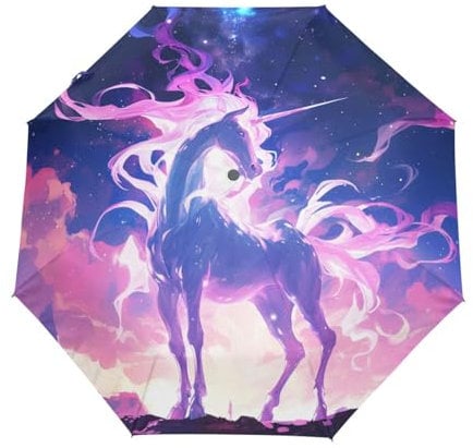 Space Star Einhorn Pferd Regenschirm Taschenschirm Kinder Jungen Mädchen UV-Schutz Auf-Zu Automatik Umbrella Verstärkt Winddichte Zusammenklappbar