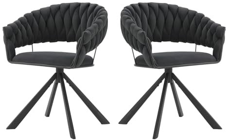 Lestarain Esszimmerstühle drehbar 2er Set, Drehstuhl Esszimmer, Küchenstuhl mit geflochtener Rückenlehne, Polsterstuhl, Design Stuhl, mit Samtbezug Metallgestell, Dunkelgrau