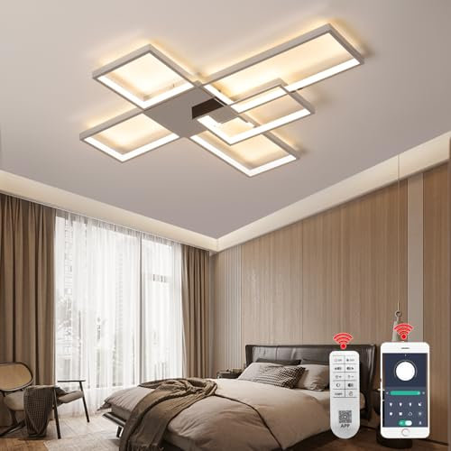 MDWELL Chrom Square Designs Aluminium LED Deckenleuchte, dimmbare Unterputz-Kronleuchter Deckenleuchte mit Fernbedienung für Wohnzimmer Esszimmer Schlafzimmer Küche Länge 78cm