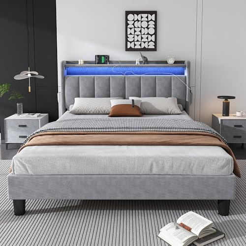 LTGB Double Bed Frame 135x190cm, 4ft6 Upholstered Platform Bed with 4 USB Ports Outlets, LED Light Strip Durable and Sturdy, Youth bed, for adults & teenagers, Velvet, No Box Spring Needed, Grey