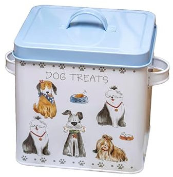 Faithful Friends Dog Treats Tin Blue Lid Metal Square Pet Food Storage Container