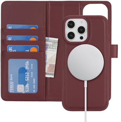 Zouzt Case for iPhone 16 Pro 6.3 Inch, 2 in 1 Detachable Wallet with Card Holder for MagSafe Magnetic Wireless Charging Premium PU Leather Flip Folio Kickstand Shockproof Cover Women Men, Burgundy