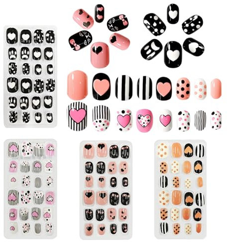 96 Pieces Kids Fake Nails with Nail Glue, Pre-glue Full Cover Short False Nails Lovely, Ready to Wear Press-On Gel Nails for Children girl (Pink,Black, One Size)