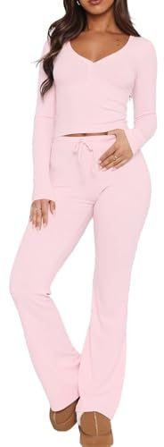 LACOZY Women's 2 Piece Pajama Set Long Sleeve Top Slim Fit Yoga Loungewear PJ Set Ribbed Workout Sets Pink XL