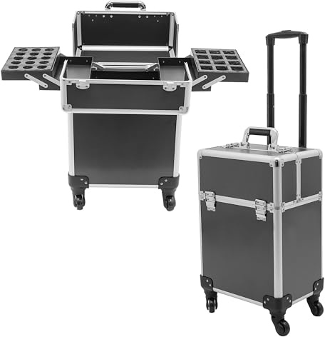 Schwarz Großer Schminkkoffer, Kosmetikkoffer Trolley 360° Drehbare Kosmetik Trolley Profi-Kosmetik Trolley Beauty Case mit 4 Ausziehbaren Fächern Make up Koffer