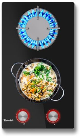 TOPWISH Gaskochfeld 2 Flammig, Gaskochfeld mit rote beleuchteter Drehknopf, Gaskochfeld, Eingebau Gaskocher mit Gusseisernen Stützen, NG/LPG Konvertierbar, Automatischer Thermoelementschutz, 4750 Watt