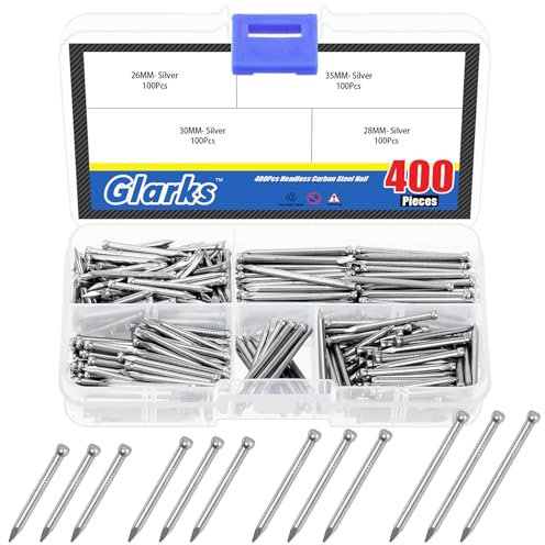 Glarks 400pcs 26/28/30/35mm Finishing Nails Set, Silver Hardware Carbon Steel Wood Nails, Brad Head Nails for Picture Hanging, Wood, Frame, Plaster and Concrete Wall