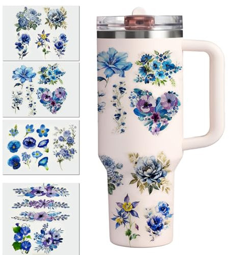 LUHOHI Flower for stanley cup - Floral stickers Compatible with stanley tumbler Glass water bottle Waterproof sticker Love Shack Fancy Style UV DTF Decals cute personalized Accessories Floral-Blue